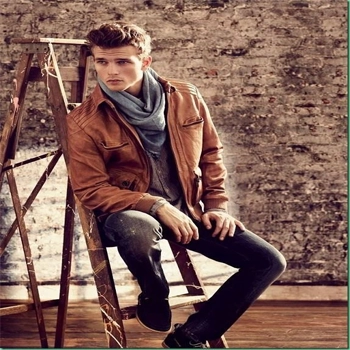 brown leather jacket with scarf