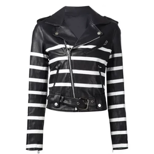 Women's Black and White Striped Leather Biker Jacket