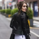 Womens slim fit black biker lambskin leather jacket