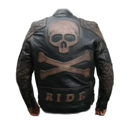 Biker Reinforced Vintage Distressed Black with Skull Leather Jacket