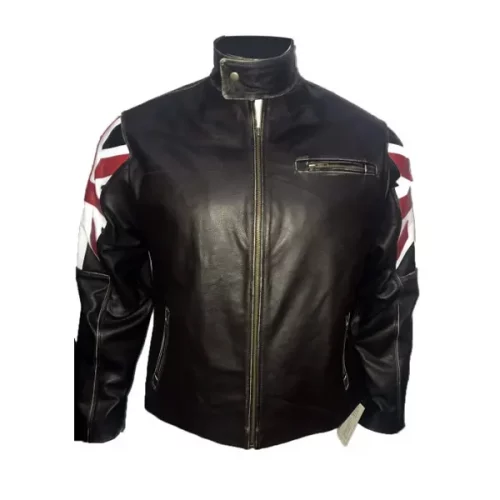 Biker Vintage Motorcycle Cafe Racer UK Flag Leather Jacket