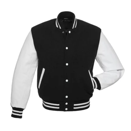 Black Wool White Leather Sleeves Varsity Jacket