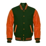 Green Wool Orange Leather Sleeves Varsity Jacket