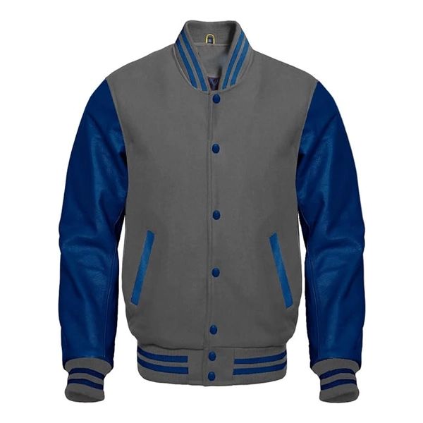 Grey Wool Navy Blue Sleeves Varsity Jacket