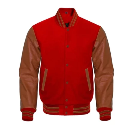 Red Wool Brown Leather Sleeves Varsity Jacket