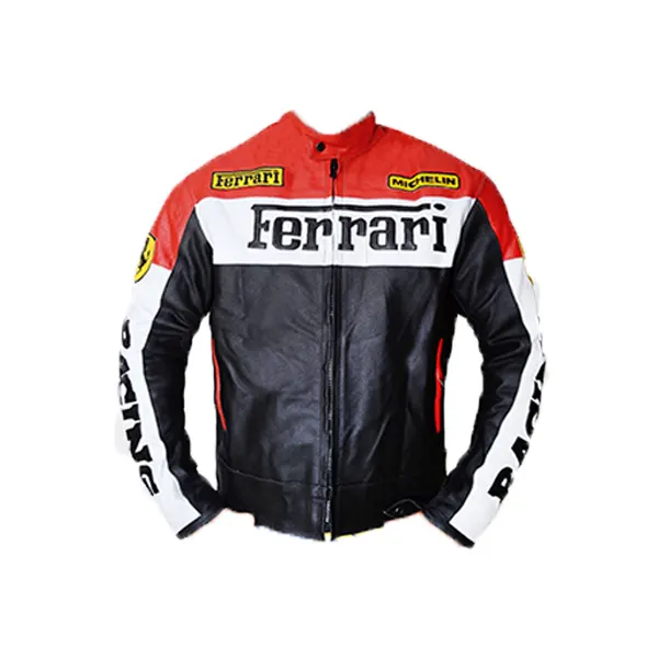 Men's Ferrari Red and Black Biker Cow Leather Jacket with Safety Pads All Sizes 