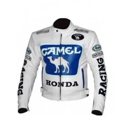 Men's White Honda Camel Racing Biker Leather Jacket