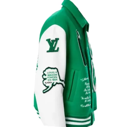 Green and white varsity jacket