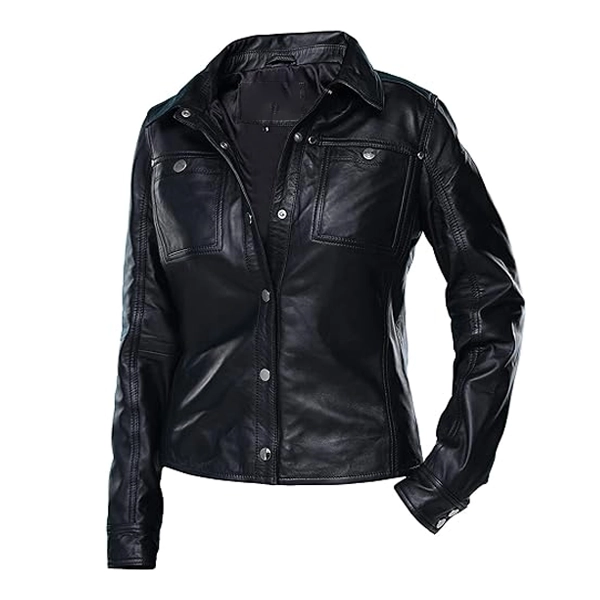 Womens Button Front Black Lambskin Leather Jacket