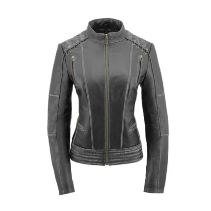 Womens Grey Laced Leather Jacket