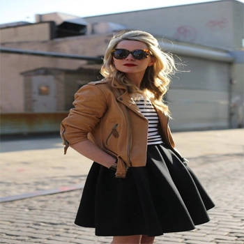 brown leather jacket with skirt and tee