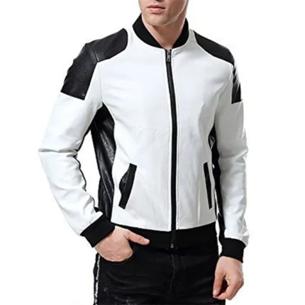 Men's Black and White Leather Biker Jacket