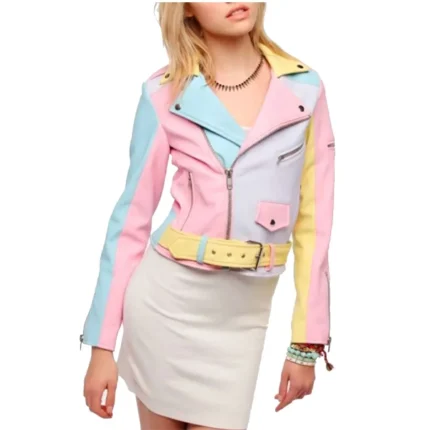 Women's Moto Rainbow Pastel Faux Leather Jacket