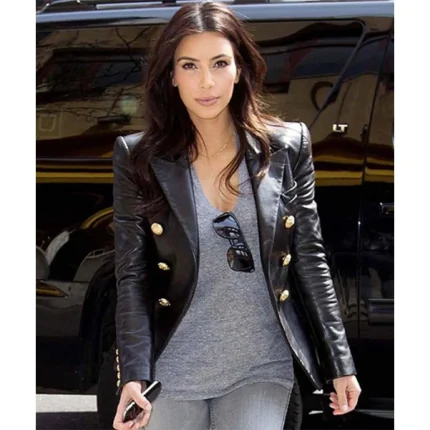 Kim Kardashian Black Double Breasted Leather Coat