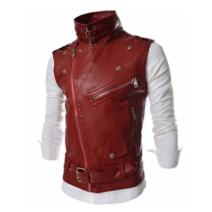 Mens Slim Fit Red Leather Vest