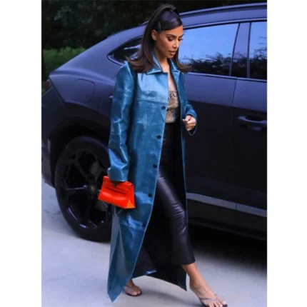 Kim Kardashian Street Wear Blue Leather Coat