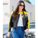 Kendall Jenner Race Flag Cafe Racer Black Leather Jacket