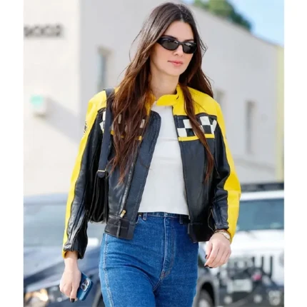 Kendall Jenner Race Flag Cafe Racer Black Leather Jacket