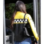 Kendall Jenner Race Flag Cafe Racer Black Yellow Leather Jacket