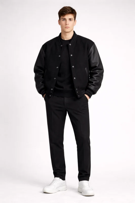All black varsity jacket outfit