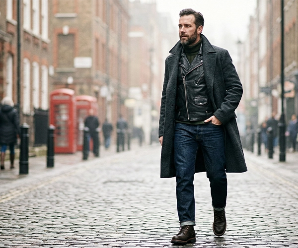 Man in black leather jacket winter look