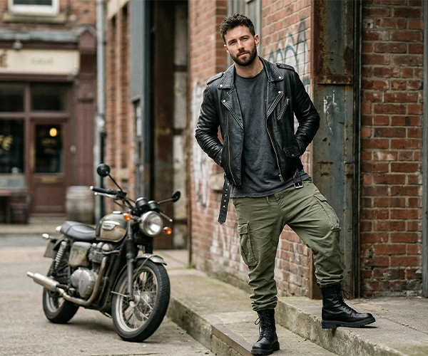 Man in black biker leather jacket