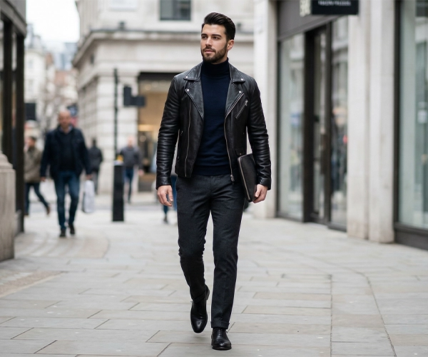 Man in black leather jacket office look