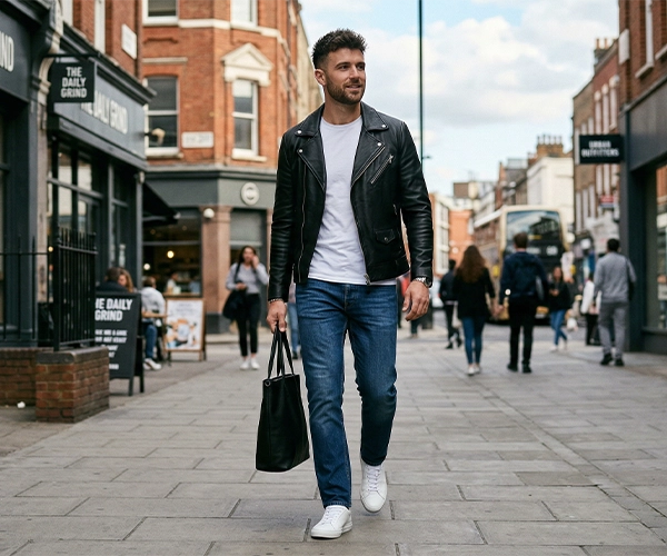Man in casual black leather jacket