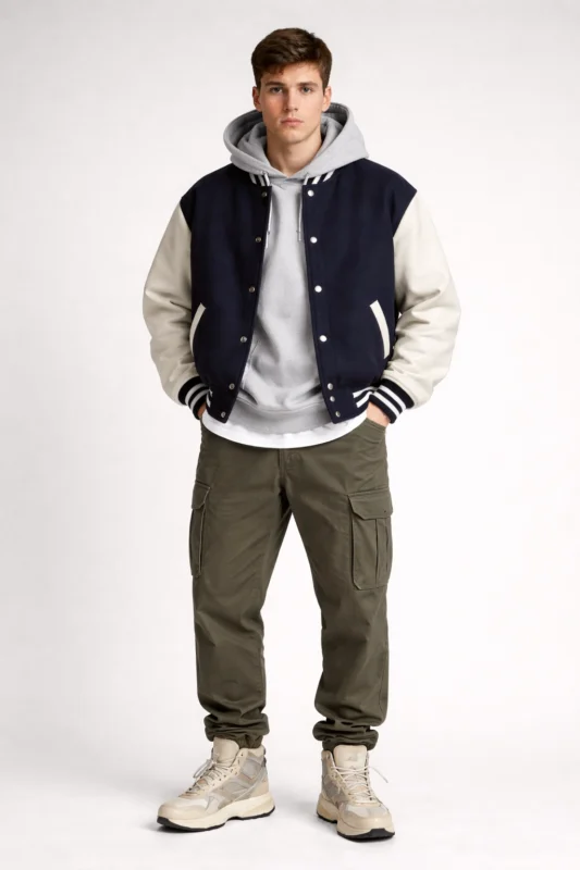 varsity jacket with hoodies and cargo pants