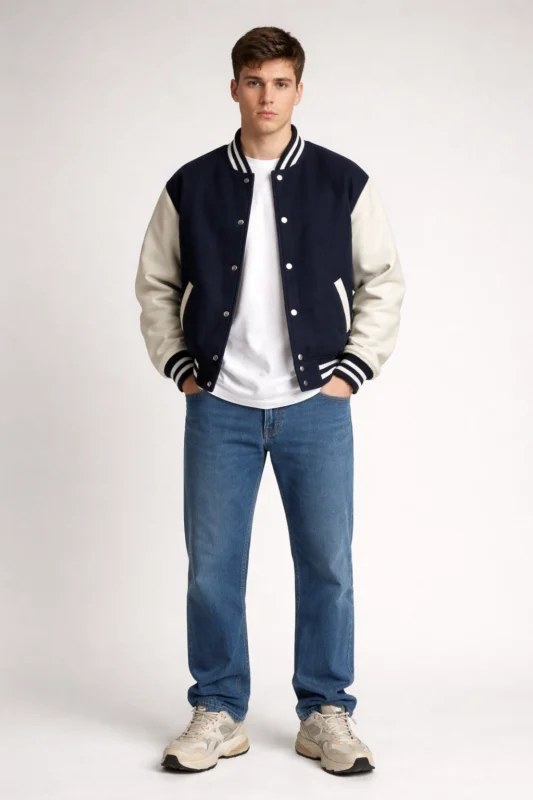 Varsity jacket with white tee and pants