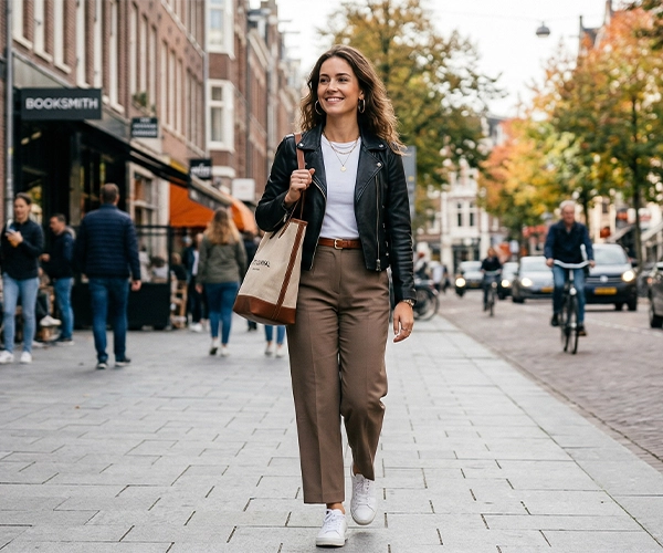Woman in black leather jacket chic look