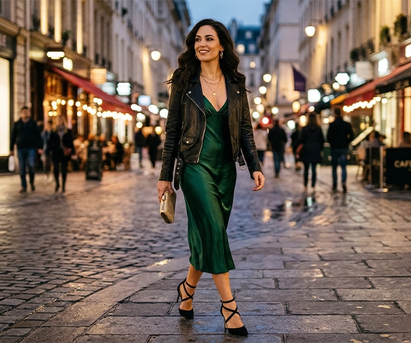 Woman in black leather jacket elegant outfit