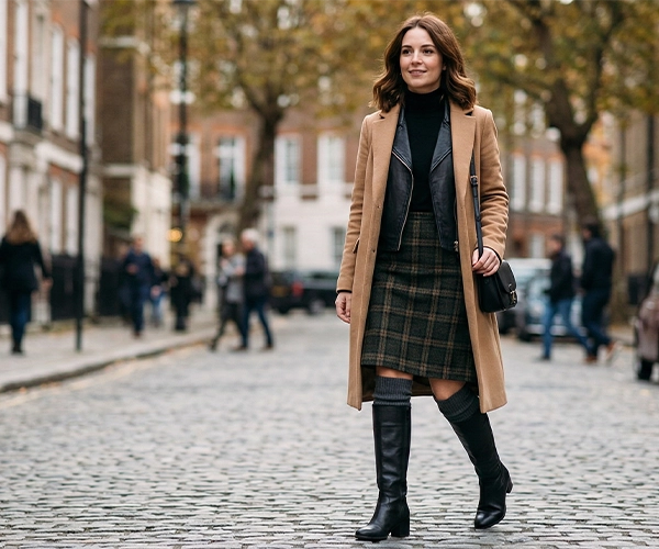 Woman in winter look with black leather jacket