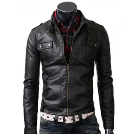 Mens Strap Collar Casual Slim Fit Black Jacket