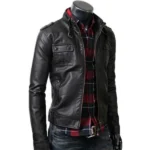 Mens Strap Collar Casual Slim Fit Black Leather Jacket
