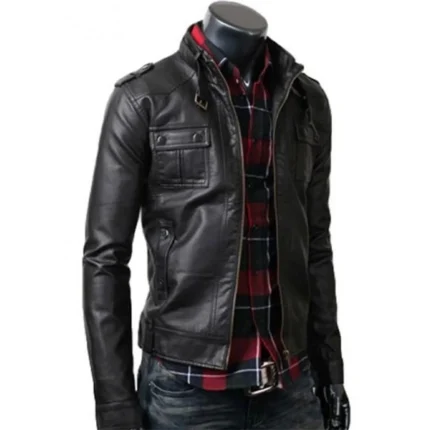 Mens Strap Collar Casual Slim Fit Black Leather Jacket