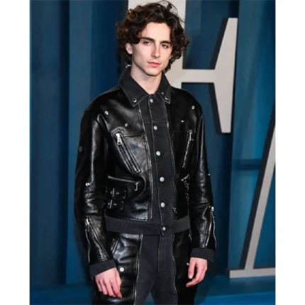 Timothee Chalamet Vanity Fair Oscar Party Leather Jacket