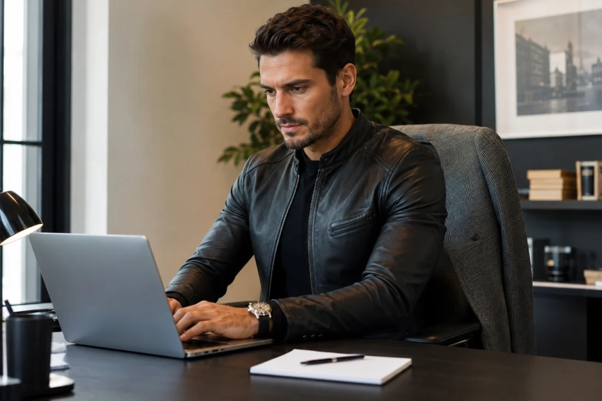 Focused person in black leather jacket