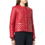 Women's Collarless Quilted Red Leather Jacket - Image 2