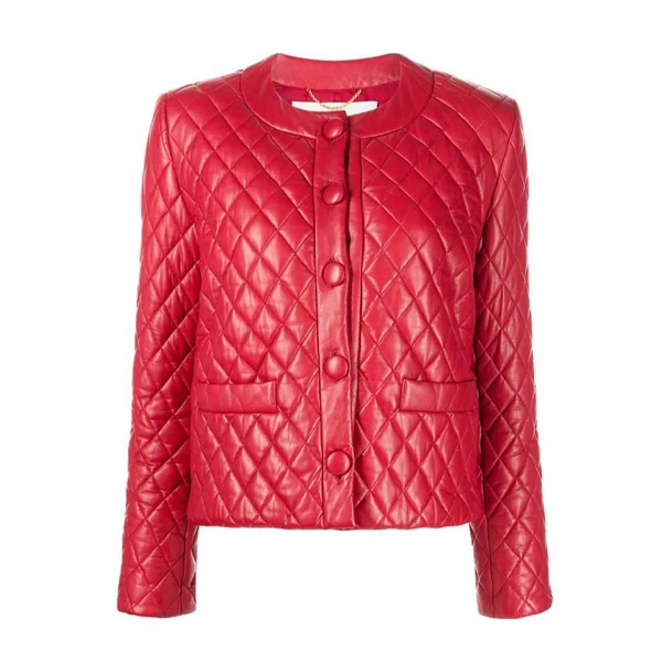 Womens-Collarless-Quilted-Red-Leather-Jacket Women's Collarless Quilted Red Leather Jacket
