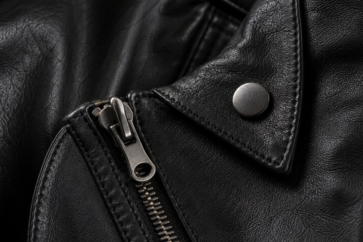 Black leather grain and hardware