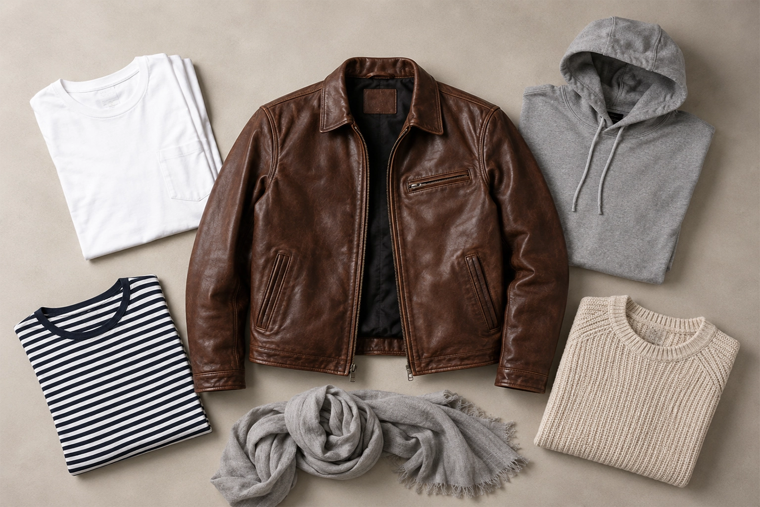 Brown leather jacket outfit combination