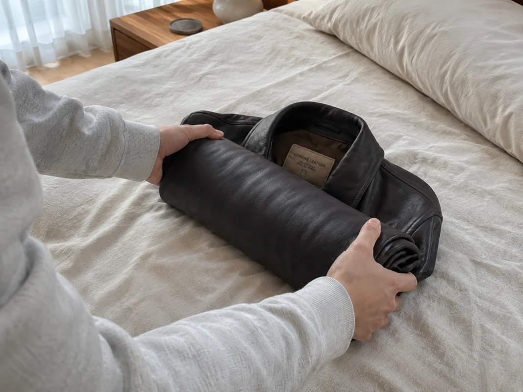 Gently rolling a leather jacket