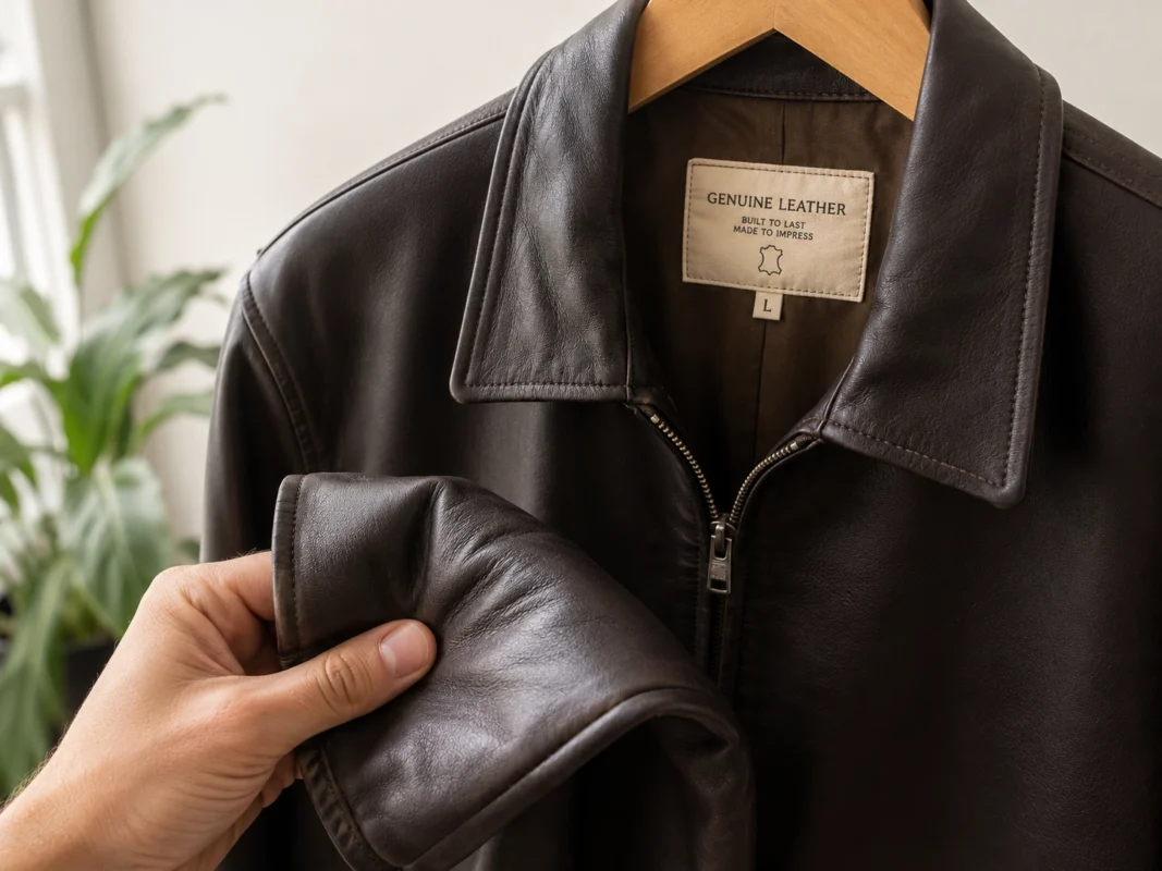 Leather jacket with care label