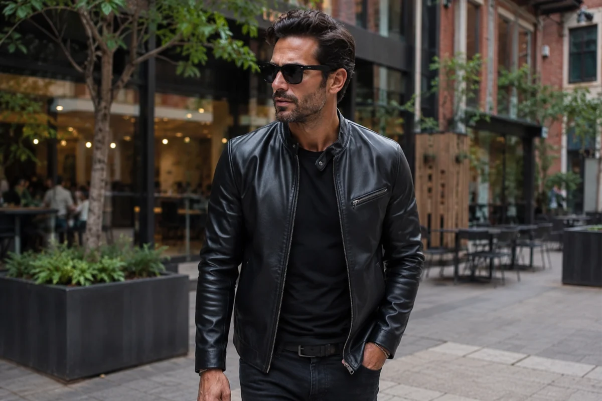 Person walking on a street in black leather jacket