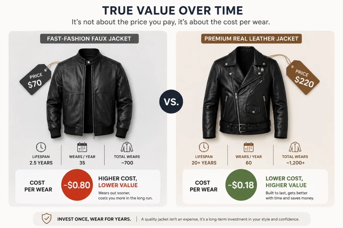 two jackets side by side with price tags and cost per wear