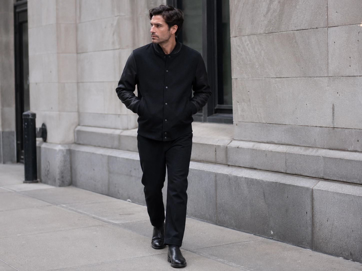 Black monochrome letterman jacket outfit