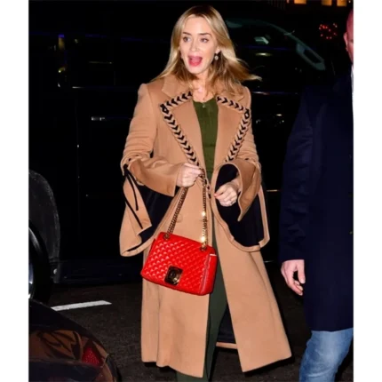 Emily Blunt Braided Brown Wool Coat