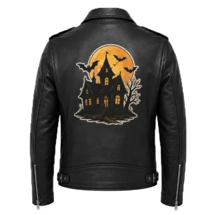 Haunted House Halloween Black Leather Jacket