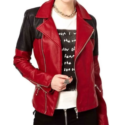 Women's Asymmetrical Zipper Red and Black Leather Jacket